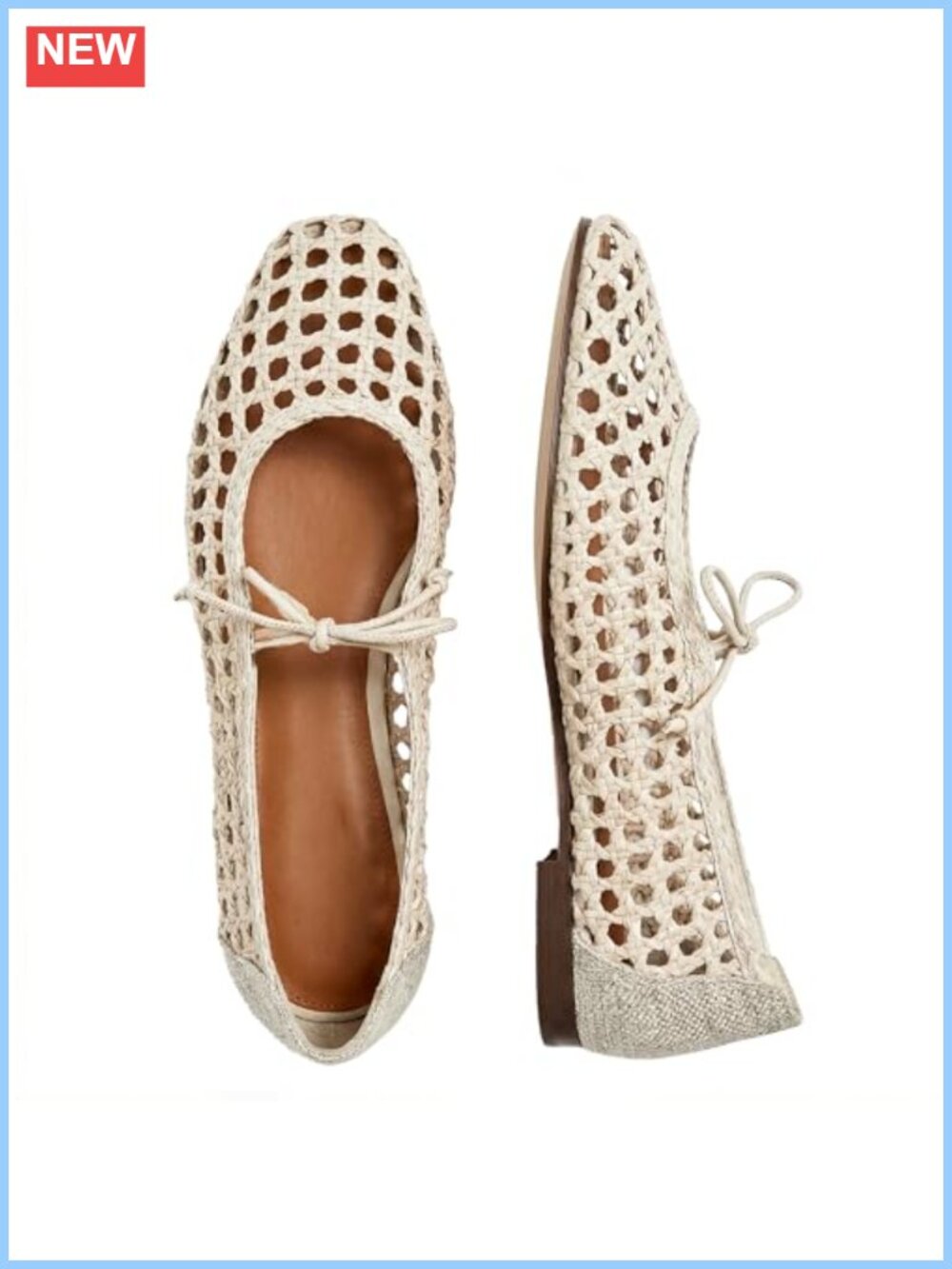 Woven Mesh Ballet Flats Raffia Lace Up Mary Jane Flats PU Rubber Sole